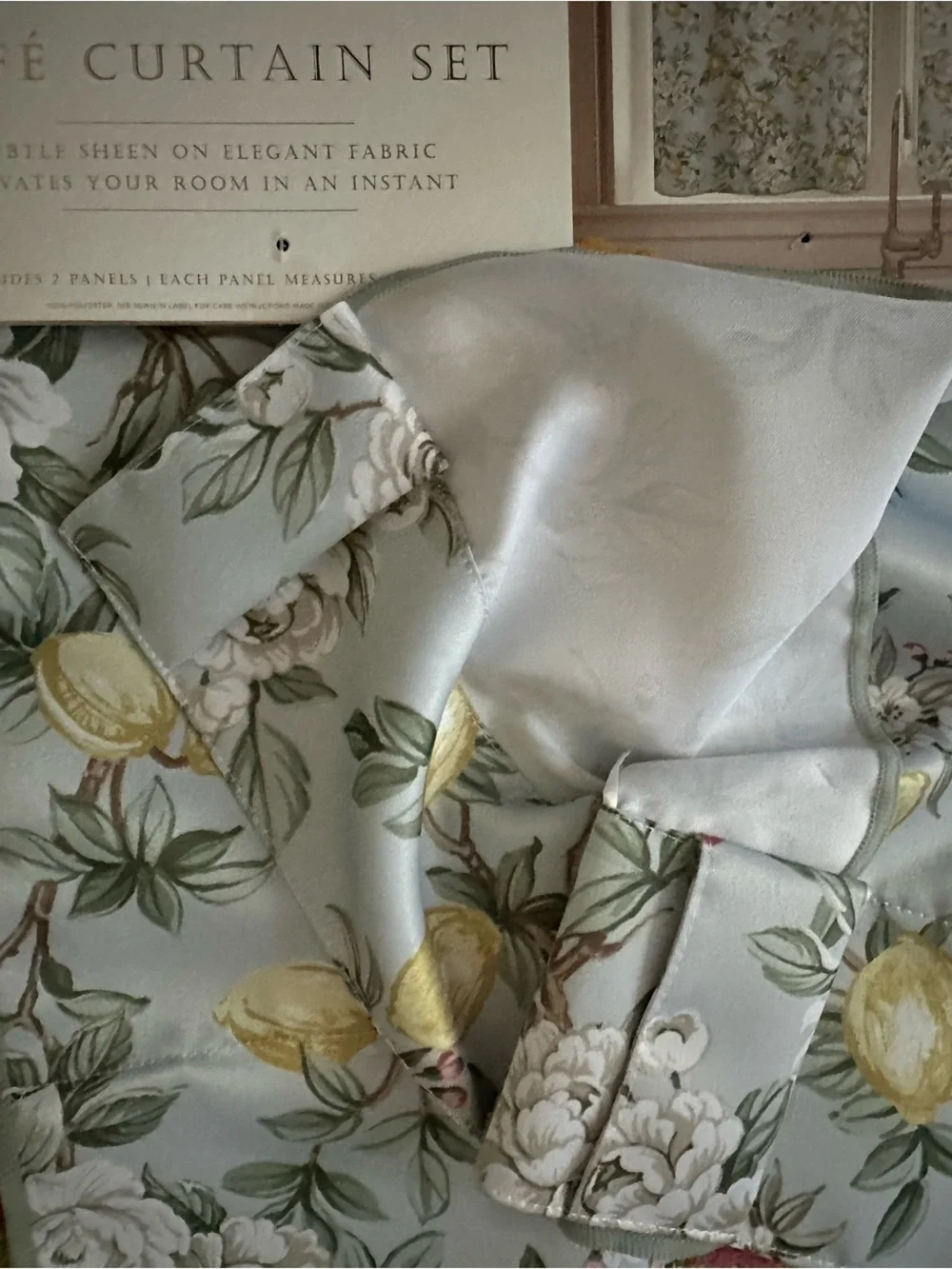 Morgan Luxury Floral Lemon Floral Print Cafe Curtains Light Blue, White Yellow